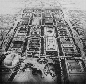  <p>Helmut Jacoby's aerial drawing of Milton Keynes from the late 1970s is an example of the futuristic utopian advertisements used to market the new town.</p>